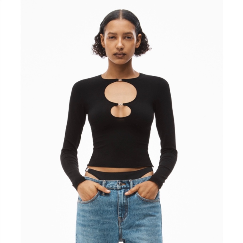 Alexander Wang Crewneck Long Sleeve Top Cut Out Detail in Black